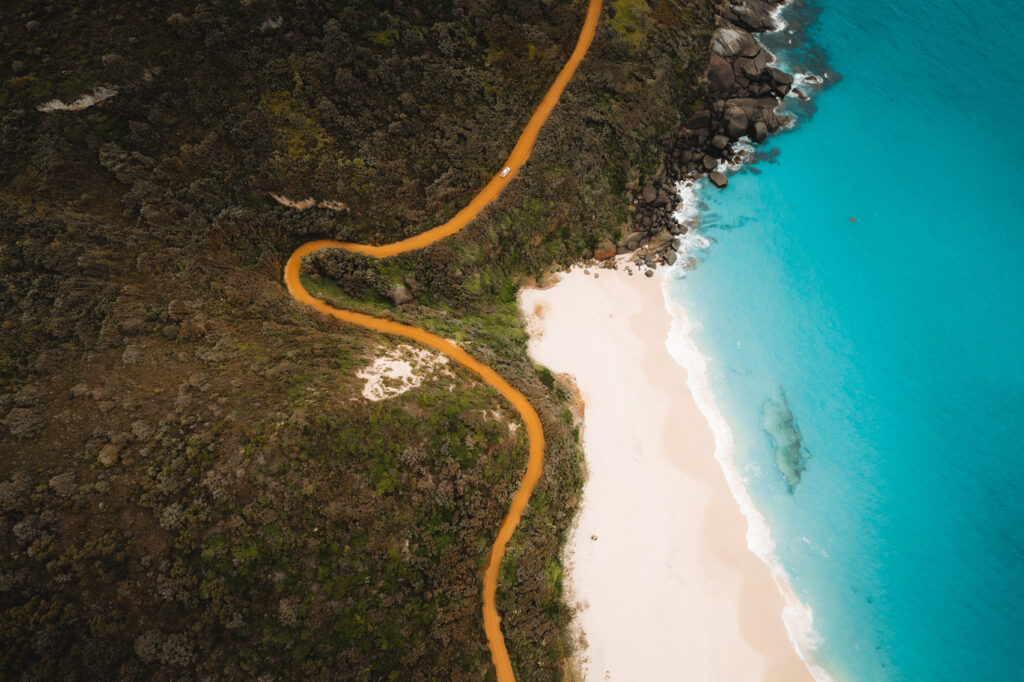 Top down view of the road to the Shelley Beach campsite outside Denmark, Western Australia