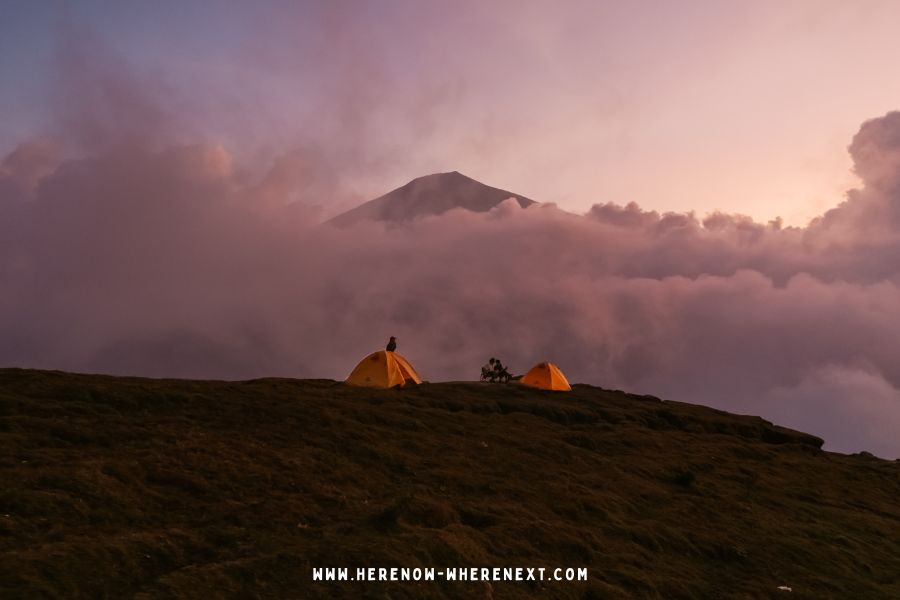 Camping on Pergasingan Hill with Mt Agung in the background